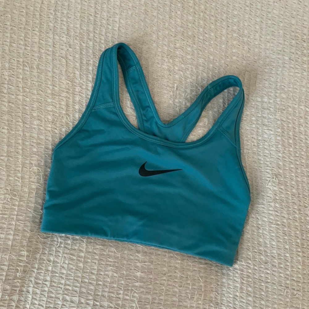 Nike Vintage Y2K Blue Dri Fit Sports Bra Athletic Crop Top Black Logo XS